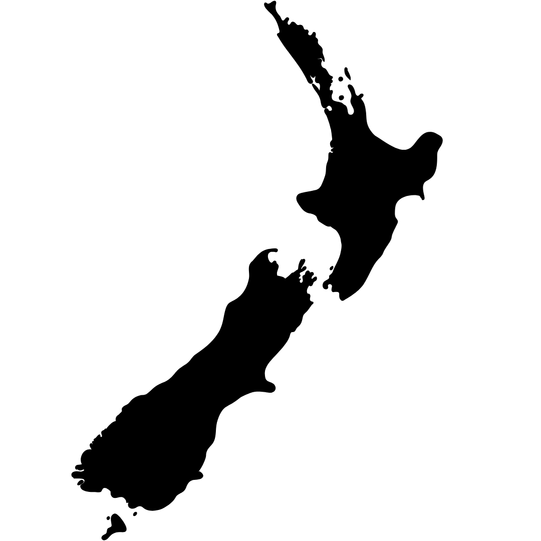 Black silhouette map of New Zealand on a solid white background.