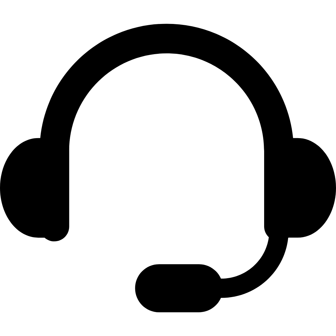 A solid black headset icon on a plain white background.