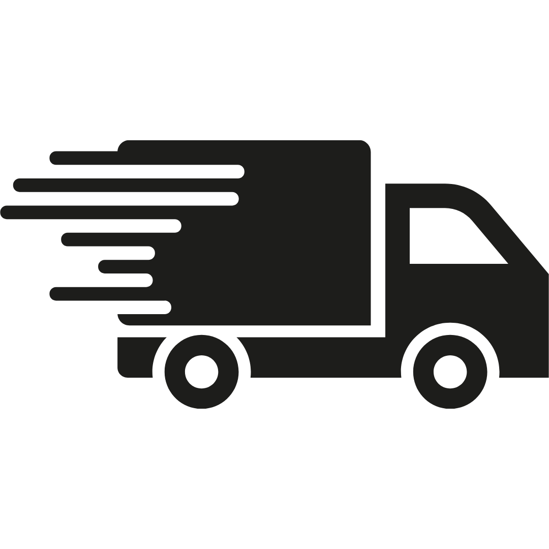 Green delivery truck icon with speed lines on a white background